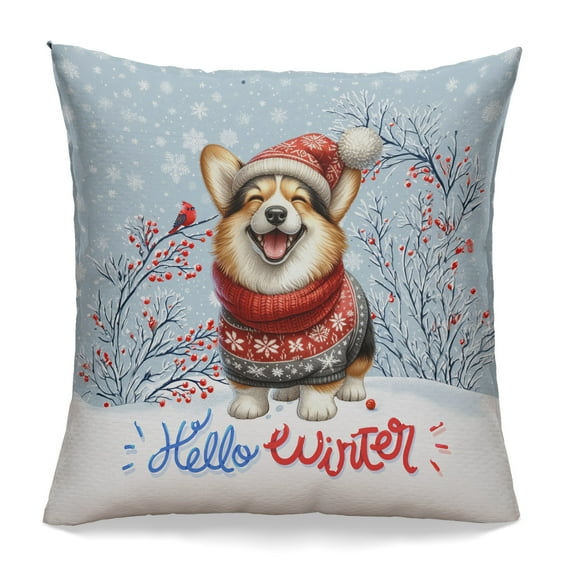Hello Winter Corgi Smiling in Red Scarf Hat Welcome Christmas Pillowcase Double Sided Welsh Corgi Dog Lover Gifts Idea Pillow Case Covers - 00017