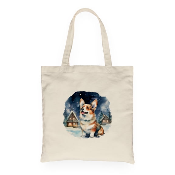 Hello Winter Corgi Welcome Snowy Night Watercolor Vintage Canvas Tote Bag Welsh Corgi Dog Lover Gifts Idea Reusable Shopping Grocery Bag - 01011