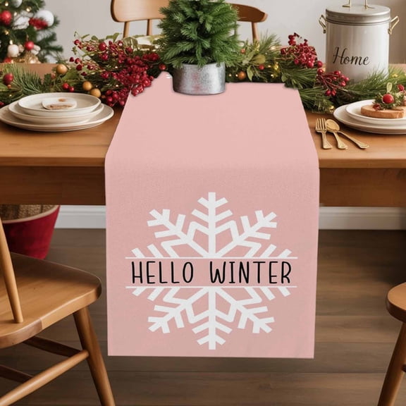 Hello Winter Cotton Linen Table Runner Snowflake Pink Dining Table Runners for Home Decor Party Dining Room Restaurant Kitchen Party 13" x 36"
