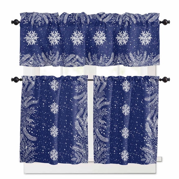 Hello Winter Curtain Valances Set Snowflake Grey Kitchen Curtains 36inch Length Rod Pocket Valance and Tiers 3 Piece Set Small Bedroom Bathroom Laundry Decor