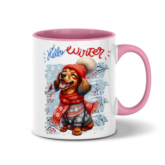 Hello Winter Dachshund Smiling in Red Scarf Hat Welcome Christmas 11oz Accent Two-tone Mug Wiener Dog Lover Gifts Idea Coffee Tea Cup - 00017