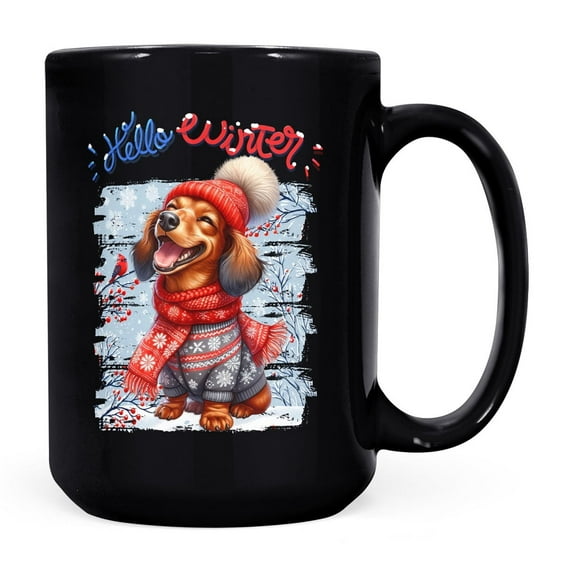 Hello Winter Dachshund Smiling in Red Scarf Hat Welcome Christmas Mug Wiener Dog Lover Gifts Idea Coffee Tea Cup - 00017
