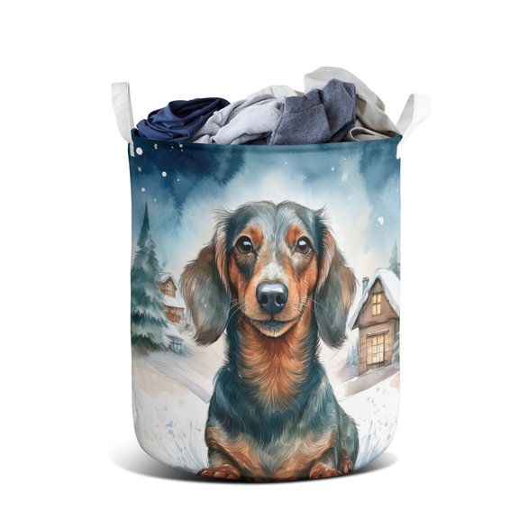 Hello Winter Dachshund Welcome Snowy Night Watercolor Vintage Foldable Laundry Basket Wiener Dog Lover Gifts Idea Organizer Storage with Handles - 01011