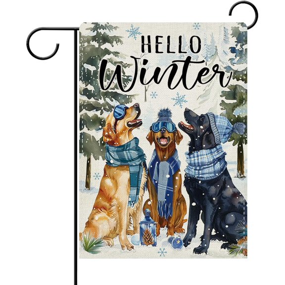 Hello Winter Dag Decorative Garden Flag, Golden Retriever Labrador Yard Outside Home Decoration Pet Owner Lover Gift, Christmas Snowy Pine Tree Burlap Outdoor Small Decor Double Sided 12 x 18