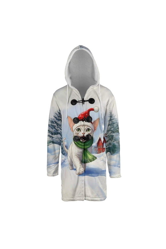 Hello Winter Devon Rex Frosty Morning Walk Welcome Snowy Christmas All Over Print 3D Hooded Duffle Toggle Coat Cat Lover Kitten Owner Gifts - 02018