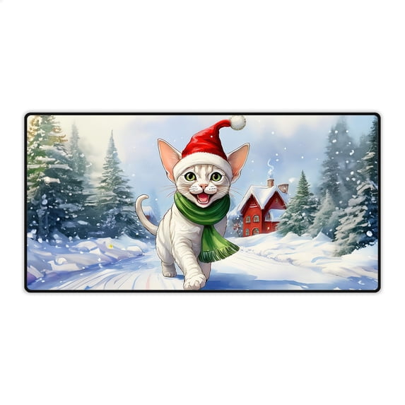 Hello Winter Devon Rex Frosty Morning Walk Welcome Snowy Christmas Desk Mat Full Keyboard Mouse Pad Cat Lover Kitten Owner Gifts Large Mousepad - 02018