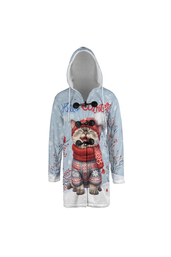 Hello Winter Devon Rex Smiling in Red Scarf Hat Welcome Christmas All Over Print 3D Hooded Duffle Toggle Coat Cat Lover Kitten Owner Gifts - 00017