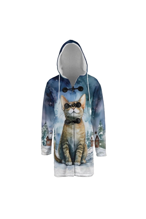 Hello Winter Devon Rex Welcome Snowy Night Watercolor Vintage All Over Print 3D Hooded Duffle Toggle Coat Cat Lover Kitten Owner Gifts - 01011