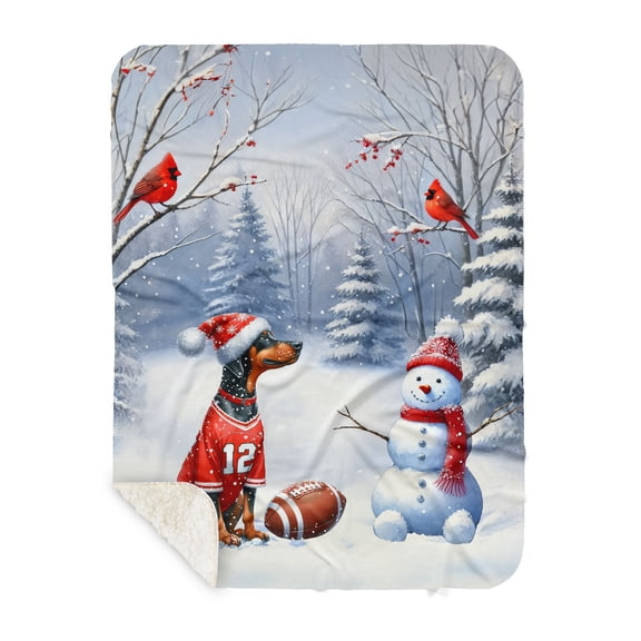Hello Winter Doberman Pinscher Football Snowman Welcome Snowy Morning Cozy Sherpa Blanket Doberman Dog Lover Gifts Warm Soft Throw Blanket - 01012