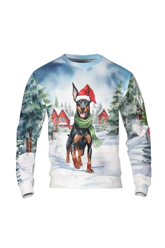Hello Winter Doberman Pinscher Frosty Morning Walk Welcome Snowy Christmas All Over Print 3D Sweatshirt Unisex Merch Doberman Dog Lover Gifts - 02018