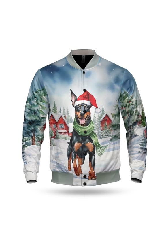 Hello Winter Doberman Pinscher Frosty Morning Walk Welcome Snowy Christmas All Over Print 3D Baseball Jacket Doberman Dog Lover Gifts Bomber Jacket Softball - 02018