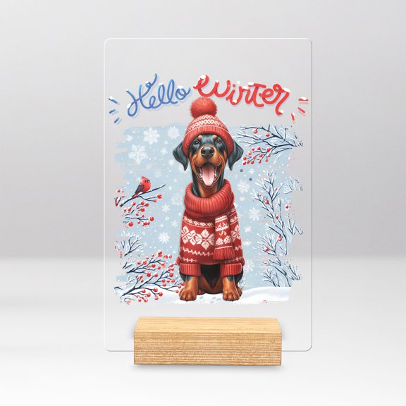 Hello Winter Doberman Pinscher Smiling in Red Scarf Hat Welcome Christmas Acrylic Plaque Sign Ashwood Base Doberman Dog Lover Gifts Home Desk Decor - 00017