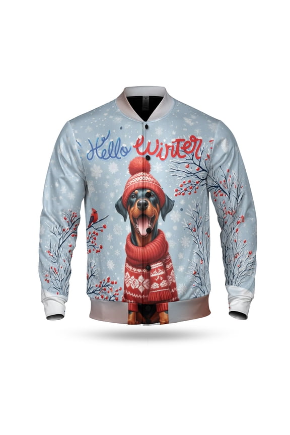 Hello Winter Doberman Pinscher Smiling in Red Scarf Hat Welcome Christmas All Over Print 3D Baseball Jacket Doberman Dog Lover Gifts Bomber Jacket Softball - 00017