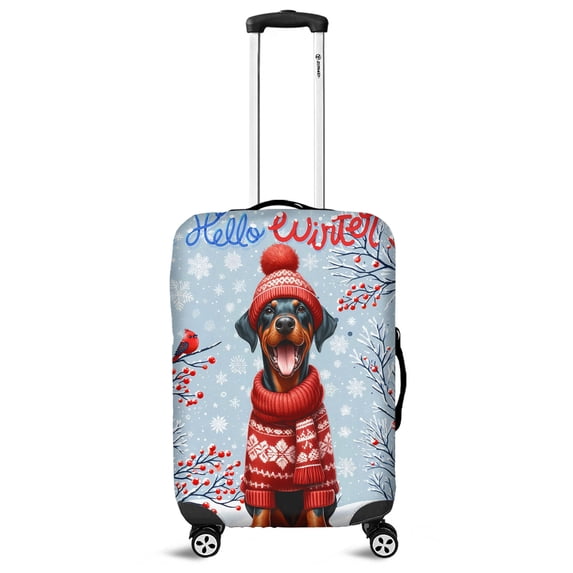 Hello Winter Doberman Pinscher Smiling in Red Scarf Hat Welcome Christmas Travel Luggage Cover Doberman Dog Lover Gifts Suitcase Dust Protective Decor - 00017