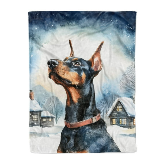 Hello Winter Doberman Pinscher Welcome Snowy Night Watercolor Vintage Cozy Fleece Blanket Doberman Dog Lover Gifts Warm Soft Throw Blanket - 01011