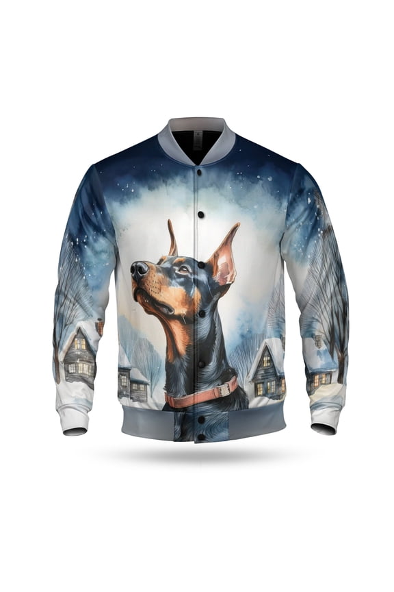 Hello Winter Doberman Pinscher Welcome Snowy Night Watercolor Vintage All Over Print 3D Baseball Jacket Doberman Dog Lover Gifts Bomber Jacket Softball - 01011