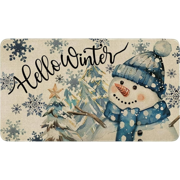 Hello Winter Door Mat Outdoor Front for Door,Snowman Snowflakes Snow Holiday Welcome Doormat,Christmas Xmas Floor Rug for Porch Entrance Farmhouse Decor 30" x 17"