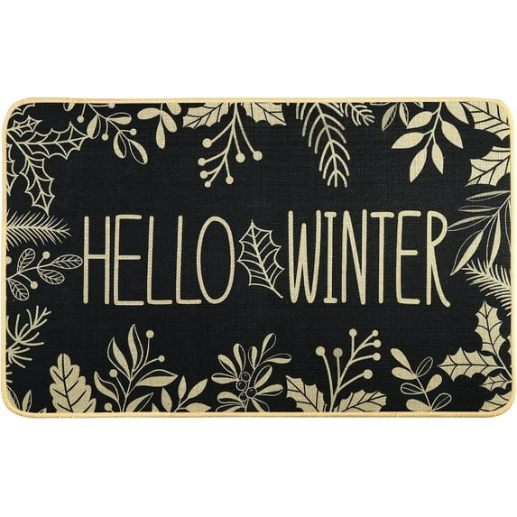 Hello Winter Door Mat Welcome Doormat, Winter Christmas Black Outdoor Rug Leaves Decor Floor Front Door Mat Non-Slip Entrance Mat for Home Kitchen Bathroom Decorations 17 X 30 Inch