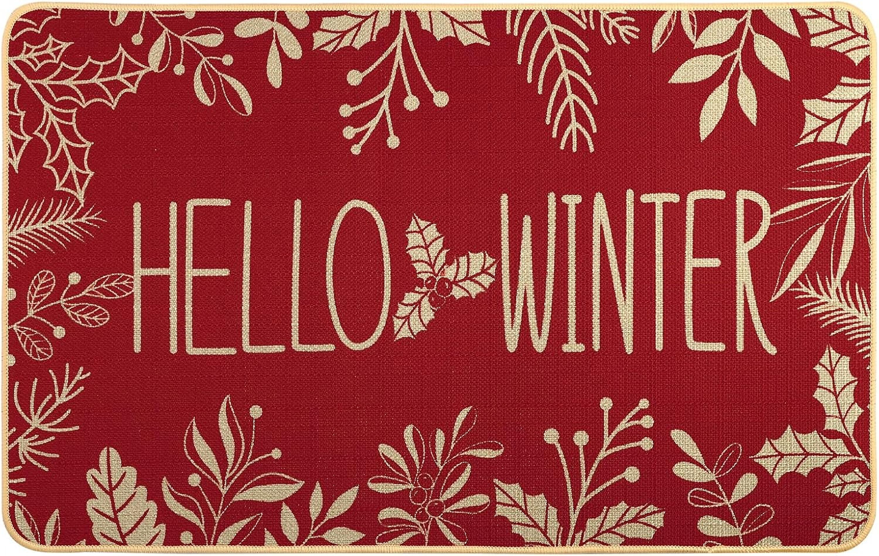 Hello Winter Door Mat Welcome Doormat, Winter Christmas Red Outdoor Rug Leaves Decor Floor Front Door Mat Non-Slip Entrance Mat for Home Kitchen Bathroom Decorations 17 X 30 Inch