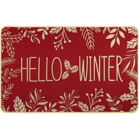 Hello Winter Door Mat Welcome Doormat, Winter Christmas Red Outdoor Rug Leaves Decor Floor Front Door Mat Non-Slip Entrance Mat for Home Kitchen Bathroom Decorations 17 X 30 Inch