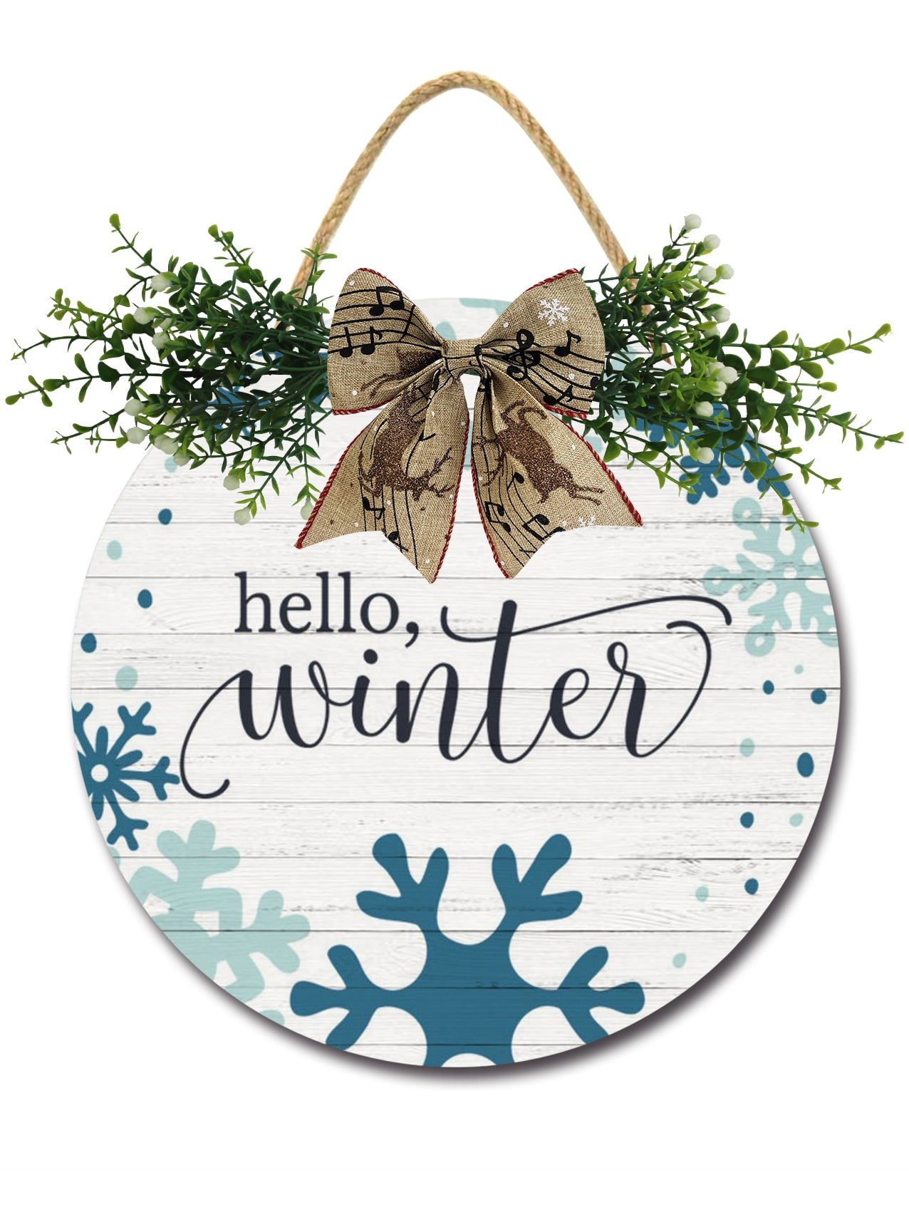 Hello Winter Door Sign Home Decor Round Wood Wreaths Wall Hanging Sign
