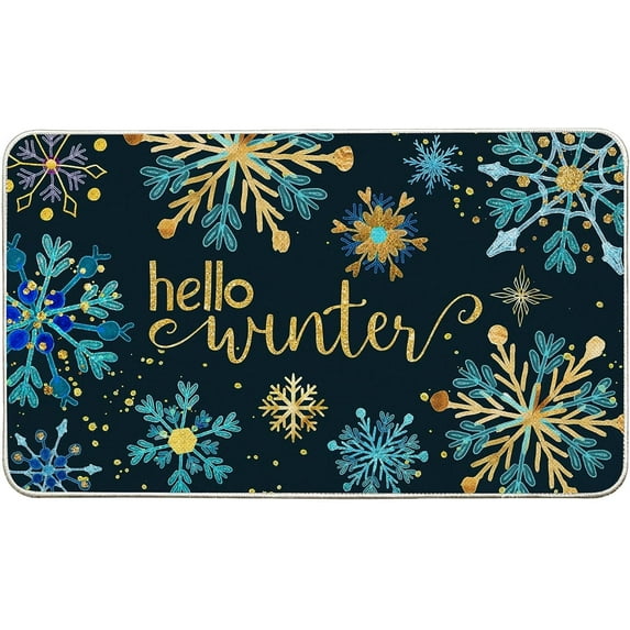 Hello Winter Doormat Indoor Outdoor Rug, Blue Golden Snowflakes Printed Christmas Front Decorative Welcome Door Mat Anti-Slip for Xmas Seasonal Holiday Entrance Floor Decoration 17 x 29 Inch