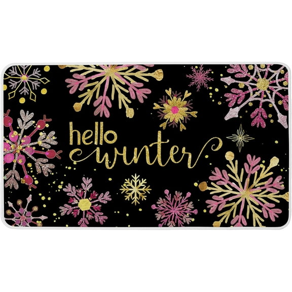 Hello Winter Doormat Indoor Outdoor Rug, Blue Golden Snowflakes Printed Christmas Front Decorative Welcome Door Mat Anti-Slip for Xmas Seasonal Holiday Entrance Floor Decoration 17 x 29 Inch
