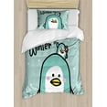 thumbnail image 1 of Hello Winter Duvet Cover Set, Pastel Lettering Mom and Penguins in Snow, Decorative 2 Piece Bedding Set with 1 Pillow Shams, Twin Size, Seafoam Seafoam, by Ambesonne, 1 of 3