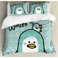 thumbnail image 1 of Hello Winter Duvet Cover Set, Pastel Lettering Mom and Penguins in Snow, Decorative 3 Piece Bedding Set with 2 Pillow Shams, Calking Size, Seafoam Seafoam, by Ambesonne, 1 of 3