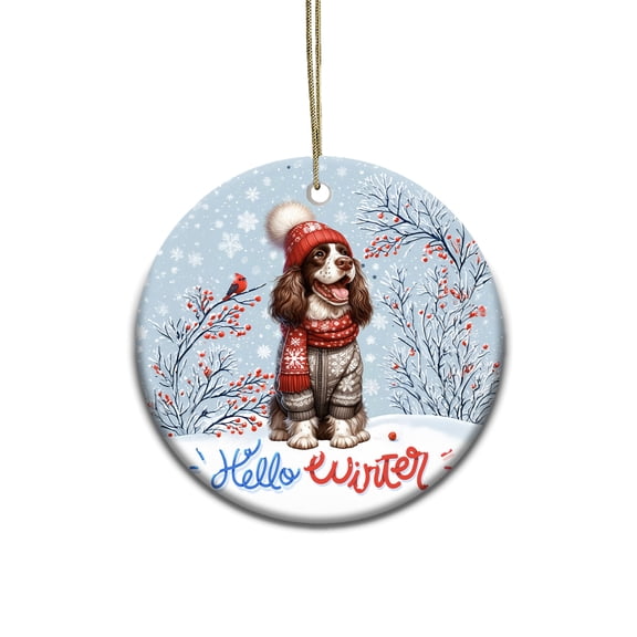 Hello Winter English Springer Spaniel Smiling in Red Scarf Hat Welcome Christmas Ceramic Round Ornament Springers Dog Lover Gifts Home Tree Decor - 00017
