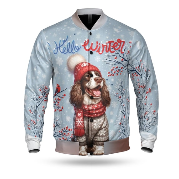Hello Winter English Springer Spaniel Smiling in Red Scarf Hat Welcome Christmas All Over Print 3D Baseball Jacket Springers Dog Lover Gifts Bomber Jacket Softball - 00017