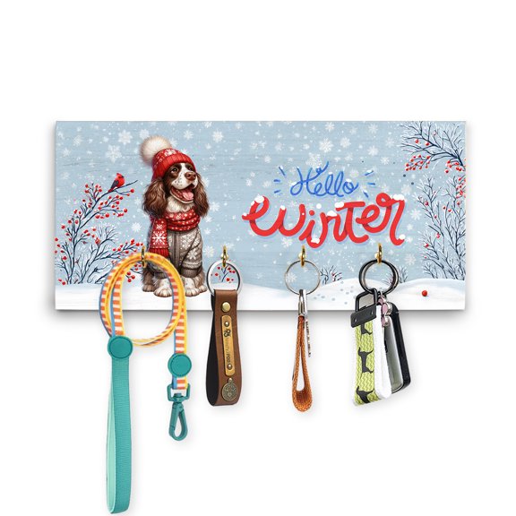 Hello Winter English Springer Spaniel Smiling in Red Scarf Hat Welcome Christmas Wood Key Holder Springers Dog Lover Gifts Wall-mounted Key Rack Home Decor - 00017