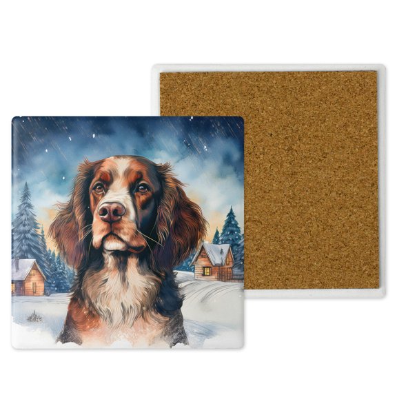 Hello Winter English Springer Spaniel Welcome Snowy Night Watercolor Vintage Set of 4 Stone Coasters Springers Dog Lover Gifts 4x4in Absorbent Soapstone Coaster - 01011