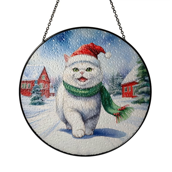 Hello Winter Exotic Shorthair Frosty Morning Walk Welcome Snowy Christmas Stained Glass Suncatcher Cat Lover Kitten Owner Gifts Window Hanging Sign Decor - 02018