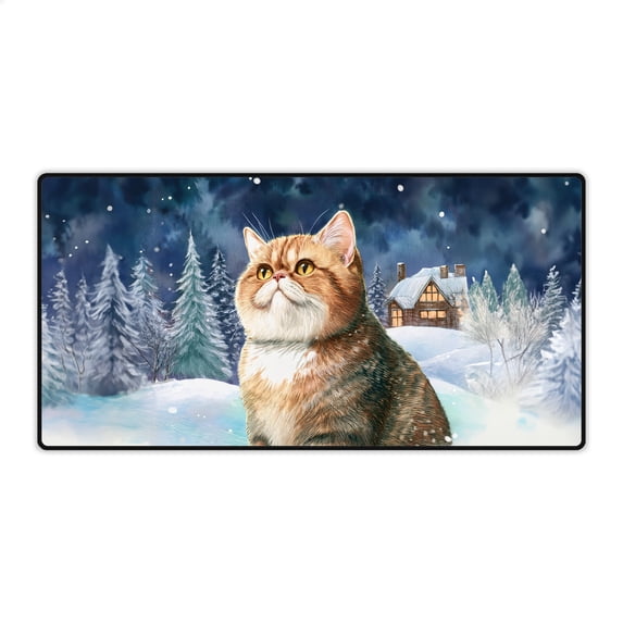 Hello Winter Exotic Shorthair Welcome Snowy Night Watercolor Vintage Desk Mat Full Keyboard Mouse Pad Cat Lover Kitten Owner Gifts Large Mousepad - 01011