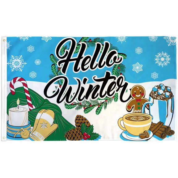 Hello Winter Flag 3X5Ft Poly Christmas Holiday Flag Gingerbread Home Decor Flag