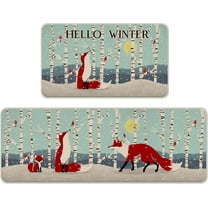Hello Winter Fox Cardinal Blue Kitchen Rugs Set of 2, Red Birds White Birch Trees Moon Snowy Kitchen Mats Decor, Christmas Holiday Seasonal Floor Door Mat Home Decorations -17x29 and 17x47 Inch