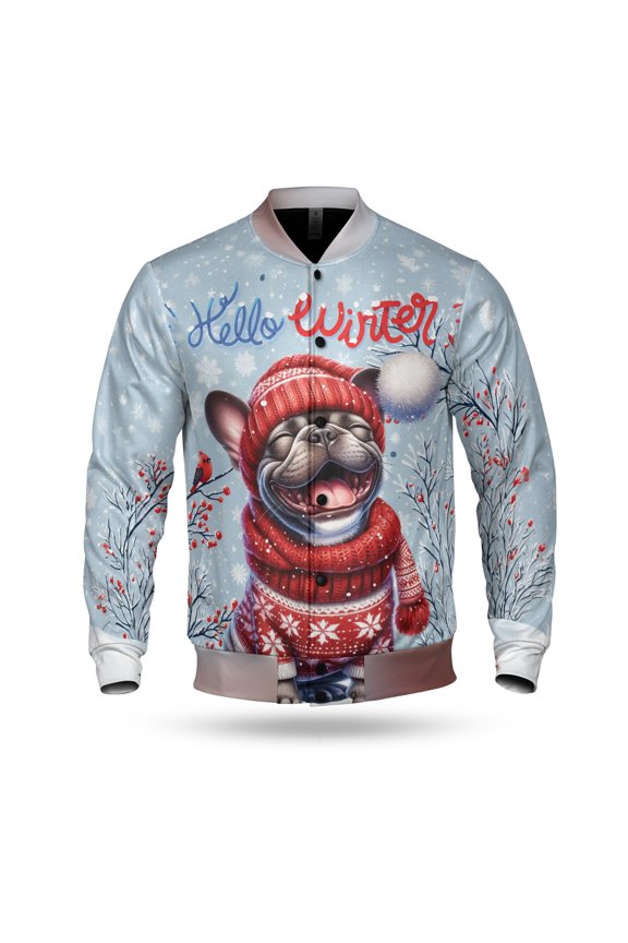 Hello Winter French Bulldog Smiling in Red Scarf Hat Welcome Christmas All Over Print 3D Baseball Jacket Dog Lover Gifts Bomber Jacket Softball - 00017