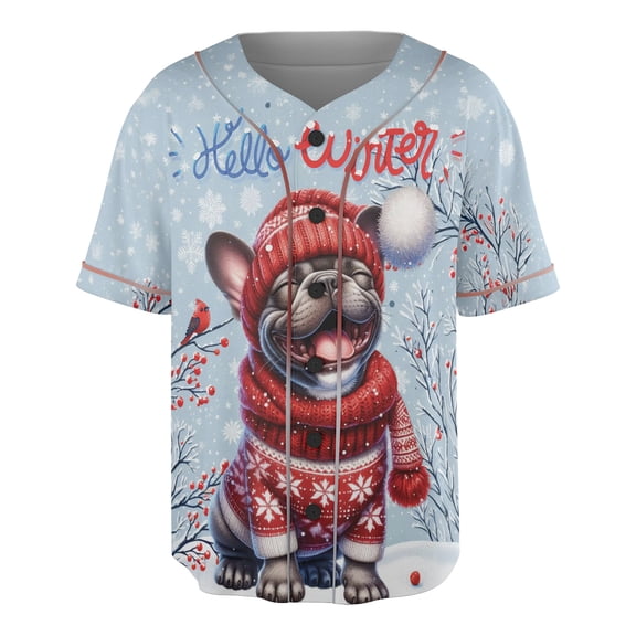 Hello Winter French Bulldog Smiling in Red Scarf Hat Welcome Christmas All Over Print 3D Baseball Shirt Dog Lover Gifts Softball Sport - 00017