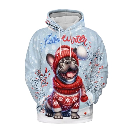 Hello Winter French Bulldog Smiling in Red Scarf Hat Welcome Christmas All Over Print 3D Hoodie Unisex Merch Hoodies Dog Lover Gifts - 00017