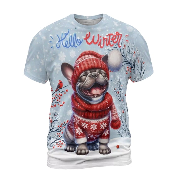 Hello Winter French Bulldog Smiling in Red Scarf Hat Welcome Christmas All Over Print 3D Shirt Unisex Merch Dog Lover Gifts - 00017