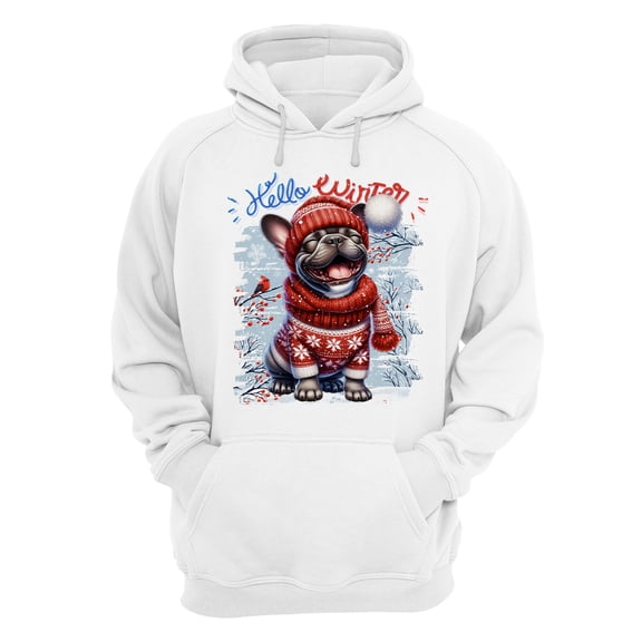 Hello Winter French Bulldog Smiling in Red Scarf Hat Welcome Christmas Hoodie Unisex Merch Hoodies Dog Lover Gifts - 00017