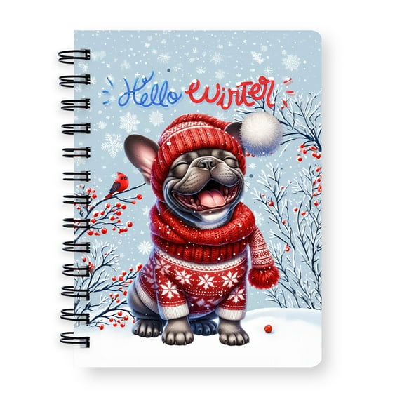 Hello Winter French Bulldog Smiling in Red Scarf Hat Welcome Christmas Spiral Bound Journal Dog Lover Gifts 5x7in Spiral Notebook - 00017