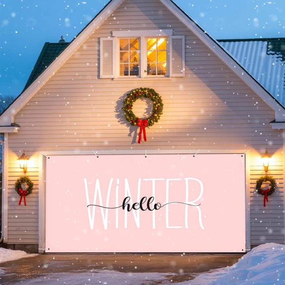 Hello Winter Garage Door Banner Covers, Pink White Letter Retro Art Simple Decor Large Hanging Indoor/Outdoor Backdrop Background for Christmas Winter Party Decor, 6.9x8 FT