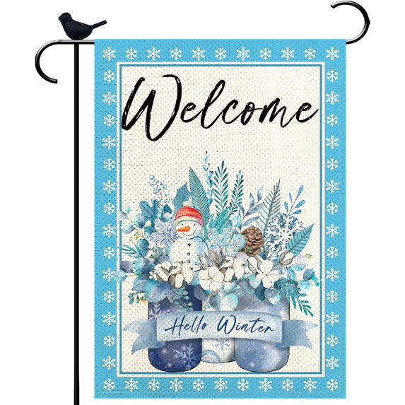 Hello Winter Garden Flag Burlap Small Vertical 12.5x18 Snowflakes Snow Garden Yard Blooming Flowers Glass Mason Jar Garden Flag for Winter Christmas Seasonal Outside Outdoor House Decor
