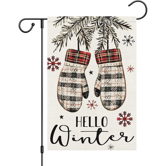 Hello Winter Garden Flag Glove MittenDouble Sided 12.5x18 Small Burlap Welcome Winter Holiday Yard Outdoor Flag Outside Home Decoration (Only Flag)