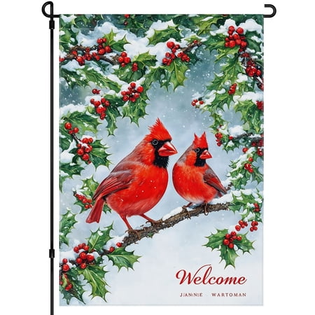 Hello Winter Garden Flag for Yard Balcony Front Door Home Lawn Deco - Washable Evergreen Tree Garden Decor for Outdoor - Snow-covered Trees Winter Scene Cute Birds Yard Flag 28x40inch