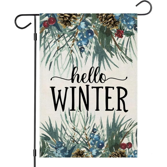 Hello Winter Garden Flags 12x18 Inch Vertical Double Sided, Pine Twigs Small Yard Outside Decorations, Christmas Xmas Seasonal Farmhouse Holiday Outdoor Décor
