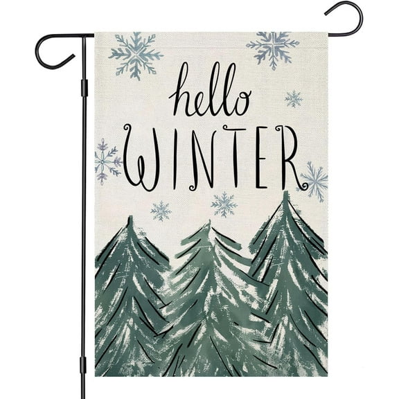 Hello Winter Garden Flags for Outside Decoration, Watercolor Forest with Snowflakes Small Yard Flag, Seasonal Farmhouse Winter Holiday Outdoor Decor 12.5x18 Vertical Double Sided