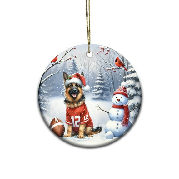 Hello Winter German Shepherd Football Snowman Welcome Snowy Morning Ceramic Round Ornament Alsatian Dog Lover Gifts Home Tree Decor - 01012